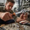 Socket Wrench Set In Use - Automotive Repair Mechanic using precision chrome vanadium socket wrench set to repair car engine