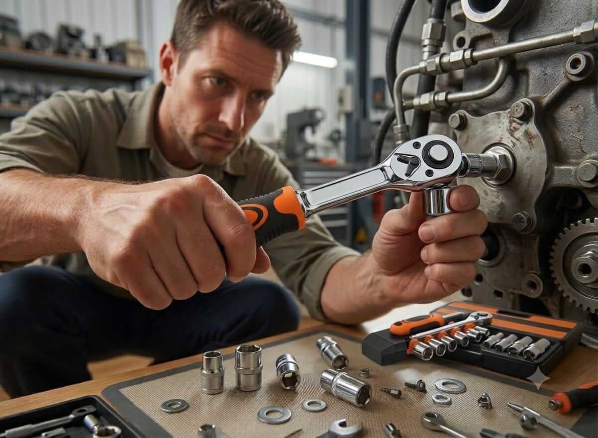 Socket Wrench Set In Use - Automotive Repair Mechanic using precision chrome vanadium socket wrench set to repair car engine