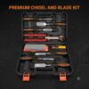 Premium chisel and blade kit with multiple chisels, sharpening stone, and utility knife in storage case