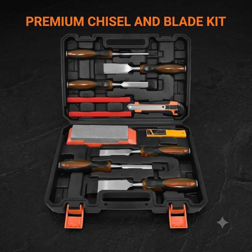 Premium chisel and blade kit with multiple chisels, sharpening stone, and utility knife in storage case