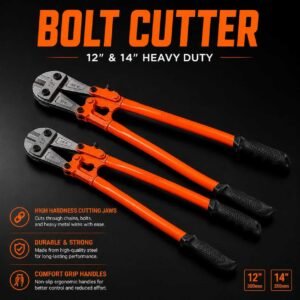 Premium heavy-duty bolt cutters in 12 inch and 14 inch sizes with high hardness cutting jaws