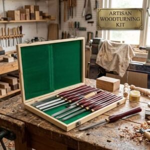 8-piece professional woodturning chisel set with HSS steel blades in wooden storage case