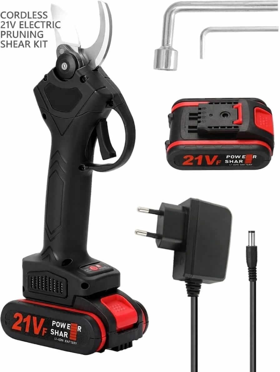 Cordless 21V Electric Pruning Shear Kit - Complete Set Complete cordless 21V electric pruning shears kit with battery, charger, and Allen keys