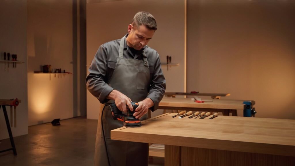 Craftsman using a power sander on wood in a professional workshop