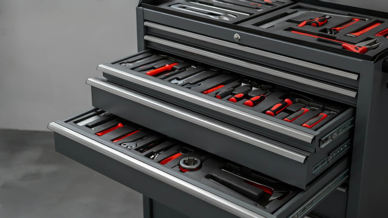 Professional tool chest with organized drawers full of hand tools