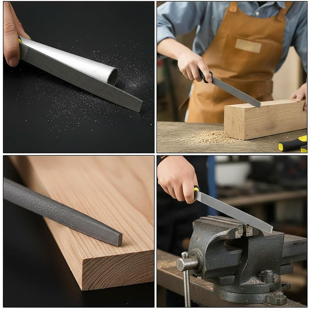 File Set Details - Wood Rasp & Metal File Collage showing wood rasp and metal file tools in use for woodworking and metalworking projects