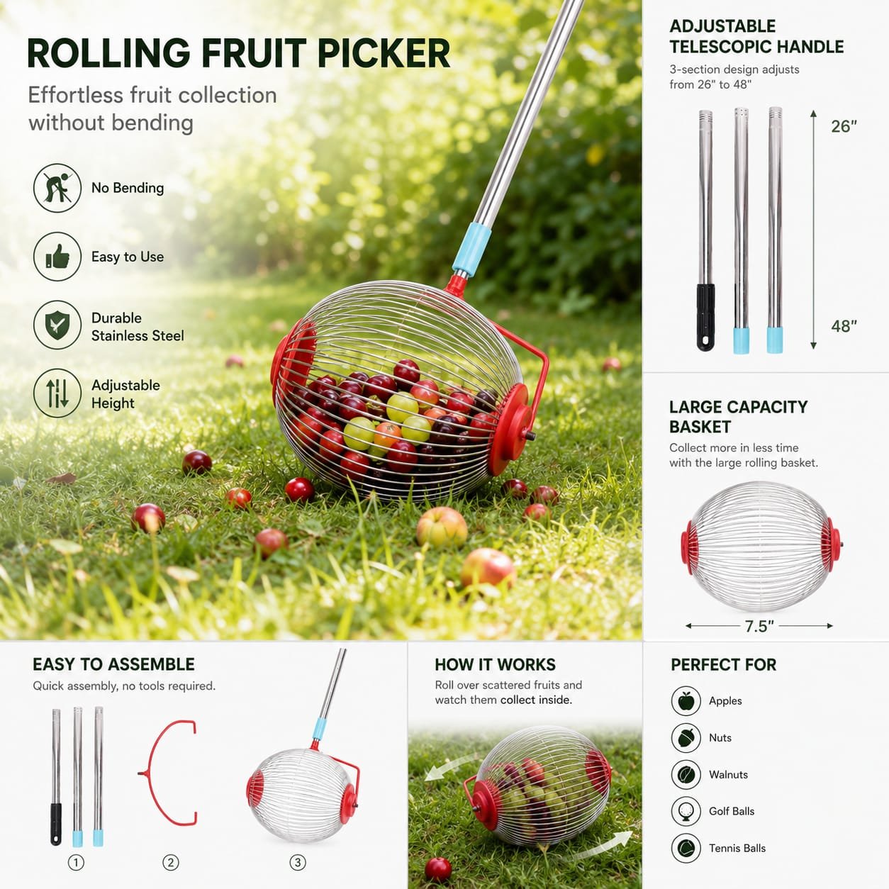 Rolling-fruit-picker-tool Heavy-Duty Rolling Nut Roller for Acorns and Nuts