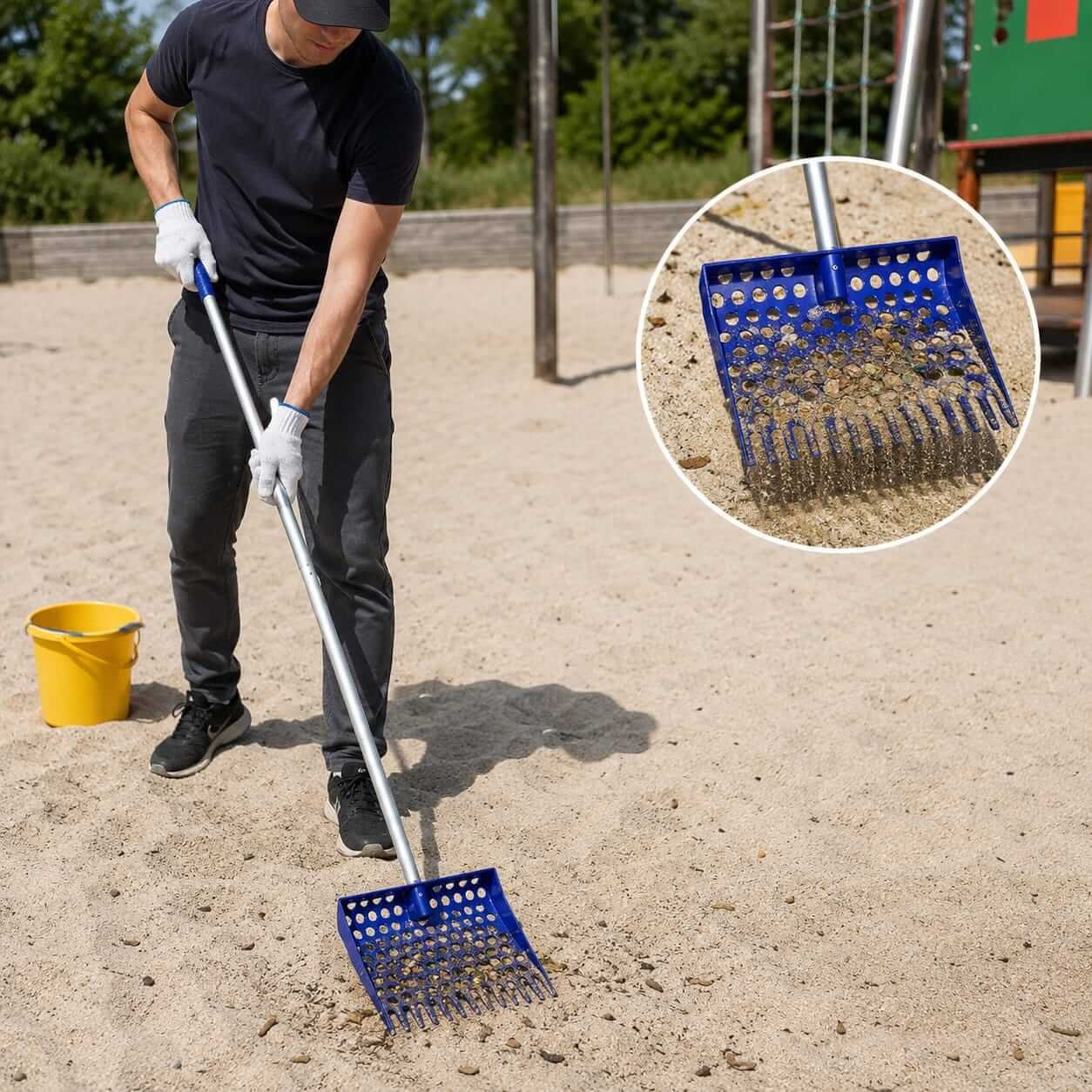 Sand Sifting Shovel In Use - Playground Cleaning Person using heavy-duty sand sifting shovel to clean debris from playground sandbox with close-up of sifting design