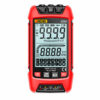 Close-up view of smart multimeter LCD display showing measurements, buttons, and control interface