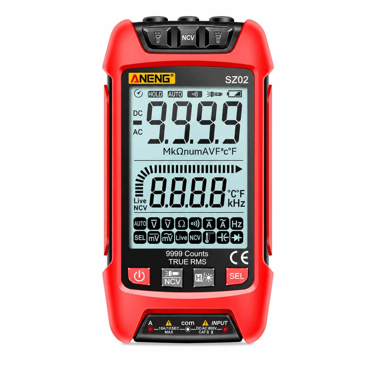 Close-up view of smart multimeter LCD display showing measurements, buttons, and control interface