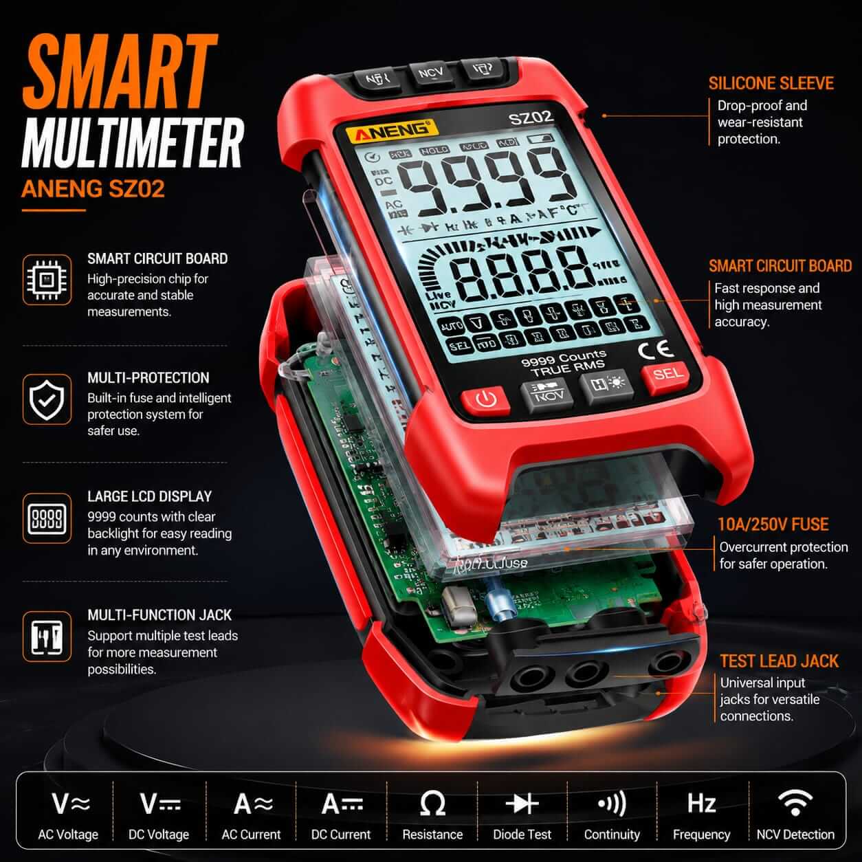 Disassembled smart multimeter showing circuit board, fuse protection, and internal safety features