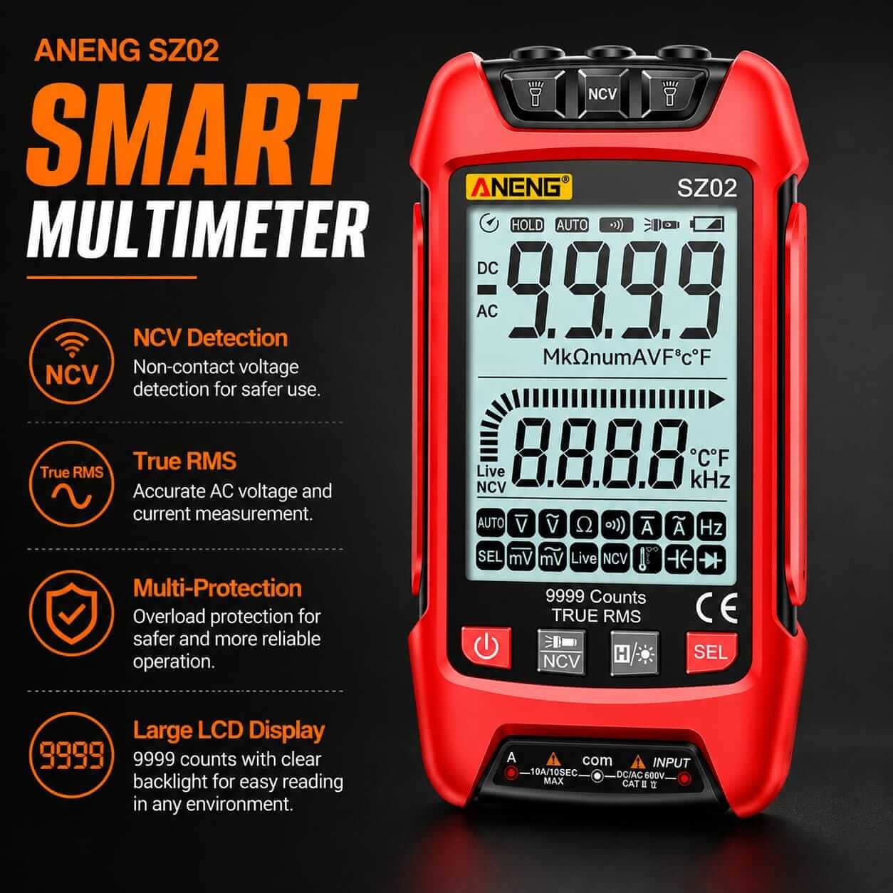 Smart Digital Multimeter - 9999 Counts True RMS Smart digital multimeter display showing 9999 counts, True RMS, and NCV non-contact voltage detection features