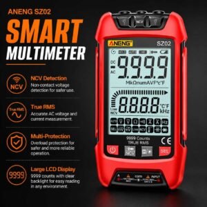 Smart digital multimeter display showing 9999 counts, True RMS, and NCV non-contact voltage detection features
