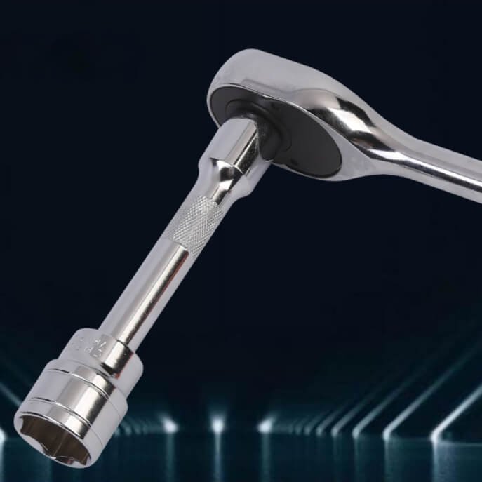 Socket Wrench Set - Chrome Vanadium Steel Detail Close-up of chrome vanadium steel ratchet wrench with socket attachment
