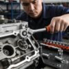 Socket Wrench Set - Professional Engine Repair Mechanic using socket wrench ratchet to repair vehicle engine with full socket set laid out