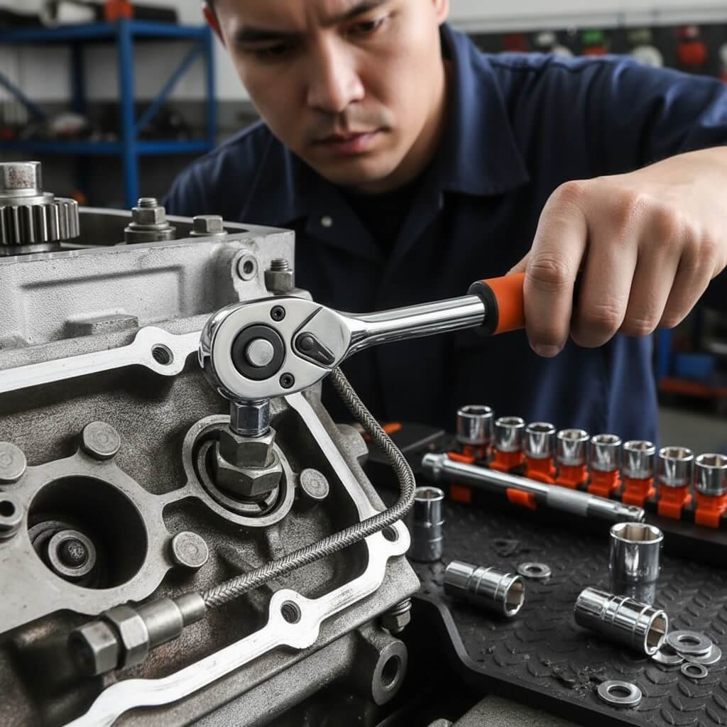 Socket Wrench Set - Professional Engine Repair Mechanic using socket wrench ratchet to repair vehicle engine with full socket set laid out
