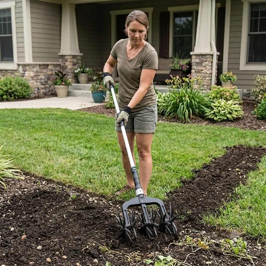 Garden Cultivator In Use - Soil Loosening Woman using manual garden cultivator to loosen soil in home garden bed