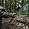 Tactical Survival Folding Shovel - Saw Tool Hand holding tactical survival folding shovel with built-in saw blade in forest camping setting
