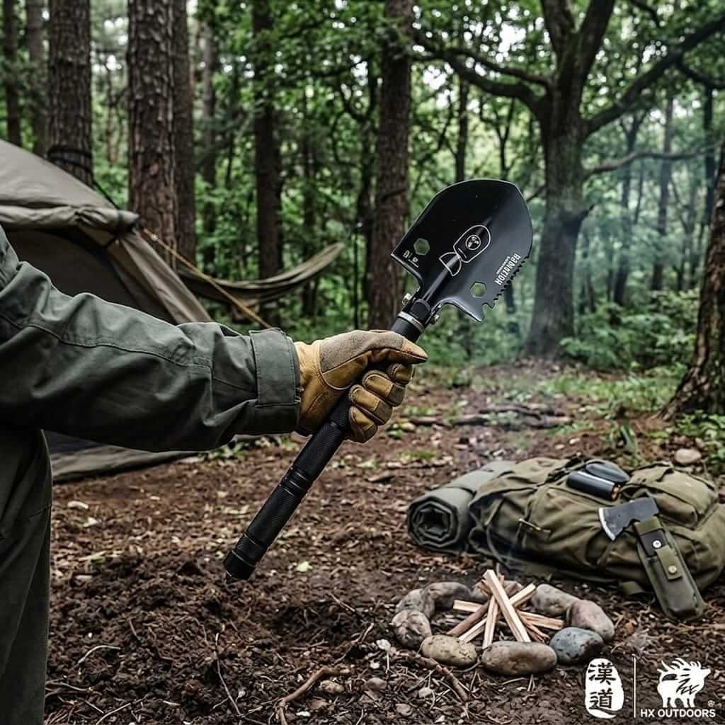 Tactical Survival Folding Shovel - Saw Tool Hand holding tactical survival folding shovel with built-in saw blade in forest camping setting