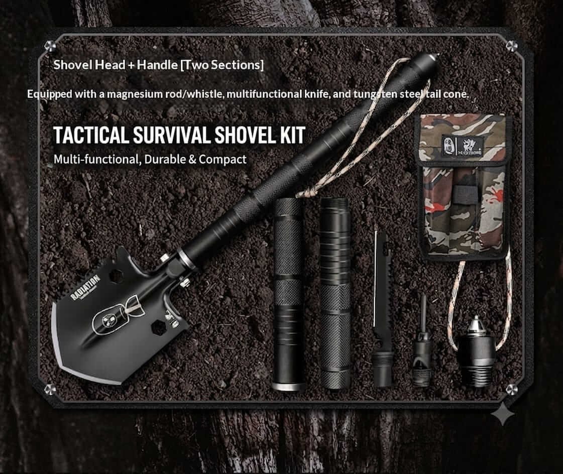 Tactical Survival Shovel Kit - Complete Set Complete tactical survival shovel kit with folding handle, knife, and multi-tool accessories laid out