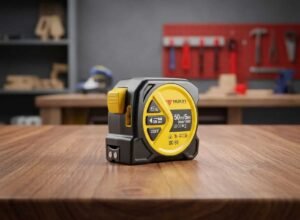 3-in-1 digital laser tape measure with 50m range on wooden workbench in workshop setting
