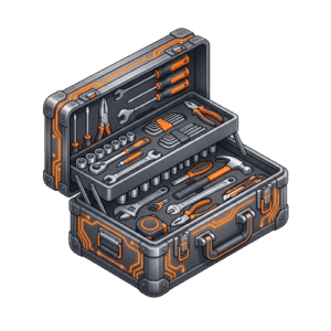 Complete tool set in an open toolbox with hand tools and accessories