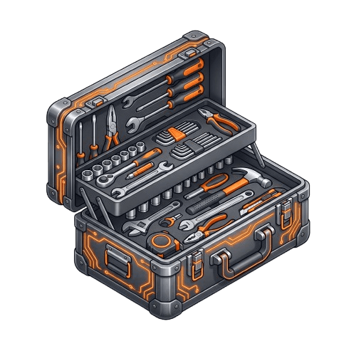 Complete tool set in an open toolbox with hand tools and accessories