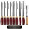 Premium 8-Piece Wood Lathe Chisel Set Types 8-piece wood lathe chisel set showing standard parting, diamond parting, round nose scraper, skew chisel, and spindle gouge tools