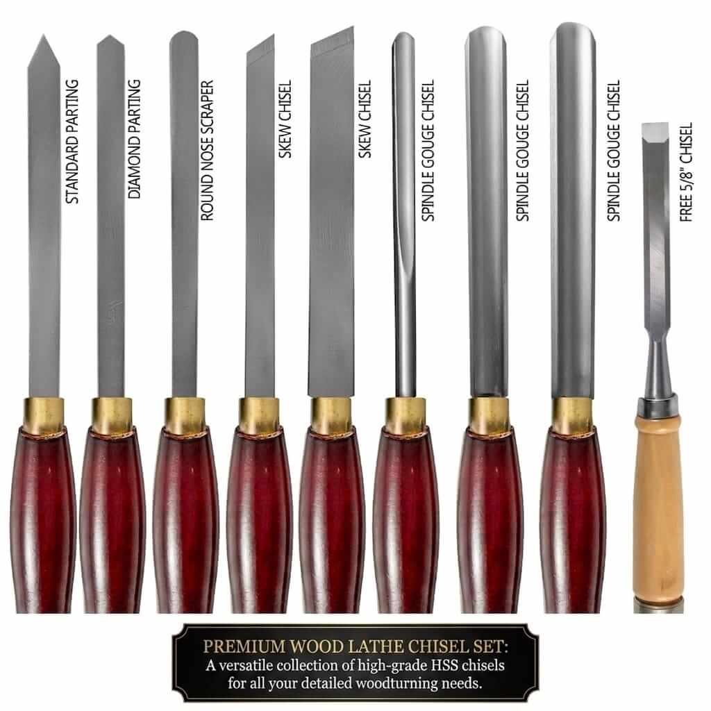 Premium 8-Piece Wood Lathe Chisel Set Types 8-piece wood lathe chisel set showing standard parting, diamond parting, round nose scraper, skew chisel, and spindle gouge tools