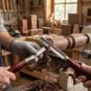 Woodturning Chisel Tools Used on Wood Lathe Craftsman using woodturning chisels to shape wood on a lathe machine